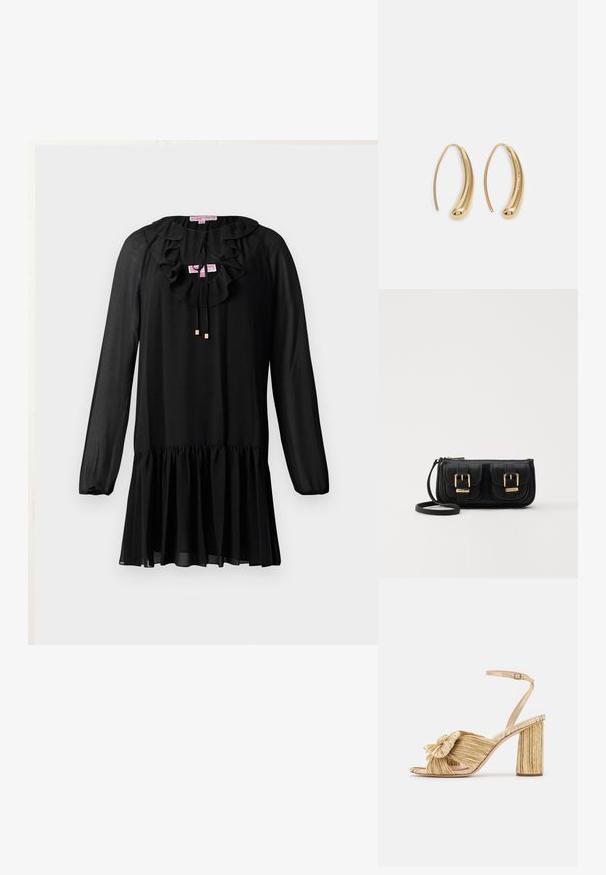 Čierne šaty s dlhými rukávmi, volánovým výstrihom, viazaním a rozšíreným lemom. Vyrobené z ľahkej tkaniny s jemnou textúrou.; Zlaté sandále na podpätku s uzlom vpredu, s plisovanou štruktúrou a remienkom okolo členka. Blokový podpätok má ryhovaný dizajn, čo zlepšuje priľnavosť.; Čierna kožená crossbody taška s dvoma prednými vreckami, zlatými sponami, zipsovým uzatváraním a úzkym popruhom. Štruktúrovaný povrch a kompaktný obdĺžnikový tvar.; Náušnice vo forme zlatých kovových kruhov s zakriveným, predĺženým tvarom. Majú hladký, lesklý povrch a zaoblený koniec pre pridanie detailu.