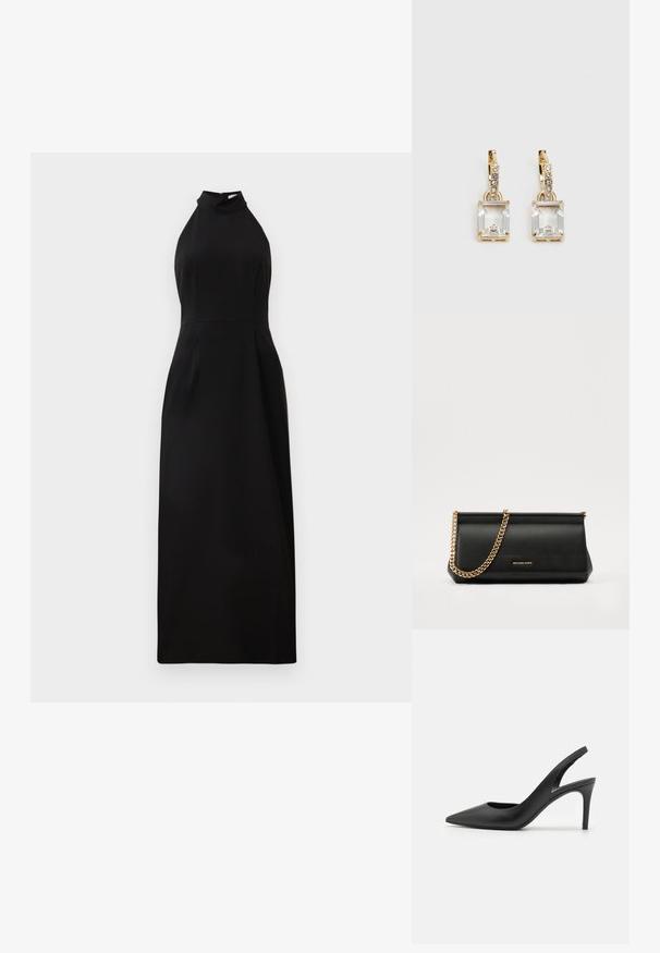 Crna maksi haljina bez rukava s visokim izrezom i uskim strukom. Glatka tkanina s blagim sjajem i zatvaranje na rajsferšlus na leđima.; Crne kožne slingback visoke pete s dizajnom u obliku špice, s izrezom sprijeda i tankom stiletto petom.; Crna kožna torbica sa zlatnim lančićem, koja se odlikuje glatkom teksturom, pravokutnim oblikom i utisnutim brendom na prednjoj strani.; Zlatne naušnice s pravokutnim, prozirnim kristalom koji visi ispod niza malih, okruglih prozirnih akcenata. Elegantni, moderni dizajn.