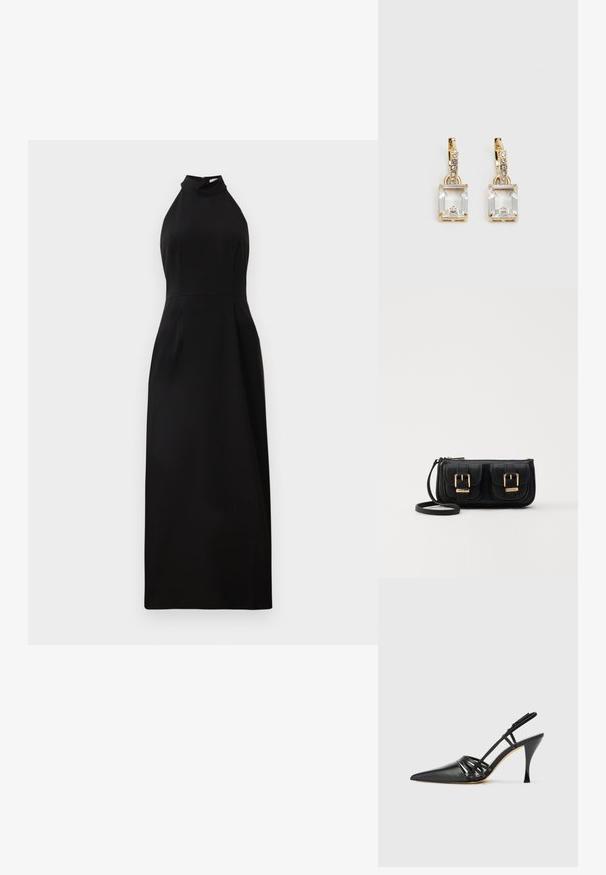 Robe maxi noire sans manches avec un col haut et un corsage ajusté. Tissu lisse avec un éclat subtil et fermeture éclair au dos.; Chaussure à talon aiguille noire en cuir, avec bout pointu, design de brides entrecroisées et talon aiguille fin. Texture lisse et accents minimaux.; Sac en cuir noir porté en travers avec deux poches avant, boucles dorées, fermeture zippée et une sangle fine. Surface texturée et forme rectangulaire compacte.; Boucles d'oreilles en or lumineux avec un cristal rectangulaire transparent pendent sous une rangée de petits accents ronds transparents. Design élégant et moderne.