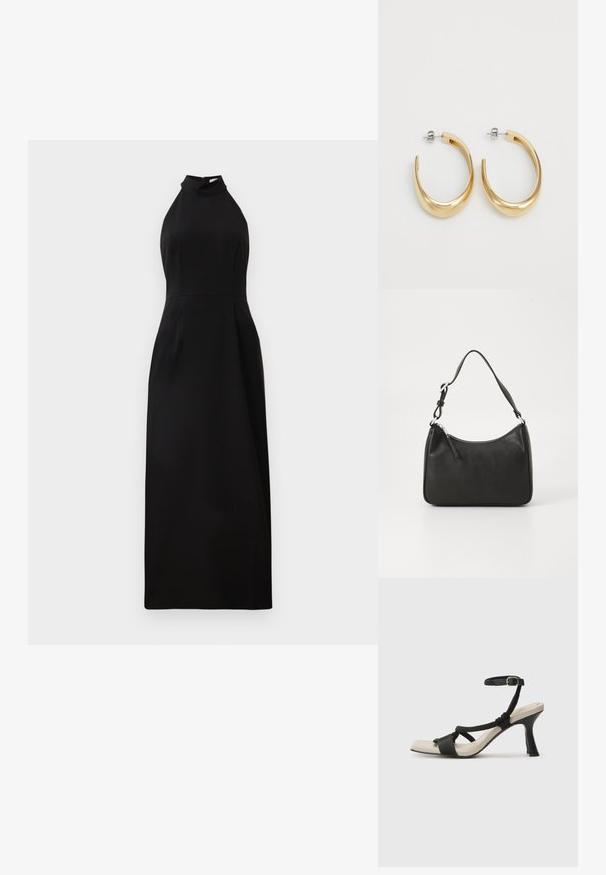 Kätkete ja must maksikleit kõrge kaelusega ja keha küljes istuva lõikega. Sile kangas, millel on õrn läige, ning tõmblukk taga.; Mustad musta kontsaga sandaal, millel on punutud rihma disain, ruudukujuline varvas ja reguleeritav pahkluu rihm. Heleda beeži värvi jalapadi ja läikiv must konts.; Must musta käekott, millel on kumer kuju, üks rihm, lukuga sulgemine ja peen brändimine esiküljel. Sile tekstuur, minimalistlik disain.; Kuldse tooniga kõrvarõngad, millel on sile ja kaarjas disain. Valmistatud metallist, omavad nad stiilset viimistlust ja kinnitust tagaküljelt.