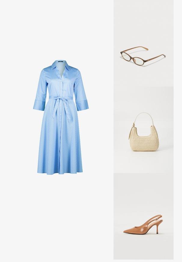 Gestreiftes Hemdkleid in Blau und Weiß mit durchgehender Knopfleiste, Kragen, Dreiviertelärmeln und einem passenden Bindegürtel in der Taille.; Spitz zulaufender Slingback-Absatz aus einem glatten, glänzenden, tanfarbenen Material. Mit einem geschwungenen Ausschnitt-Design und einem schlanken Stiletto-Absatz. Silberne Schnallendetails.; Braune Schildpatt-Brille mit ovalen Gläsern, dünnen Bügeln und transparenten Akzenten. Verfügt über ein dezentes Logo am Bügel. Elegantes, leichtes Design.; Beige geflochtene Strohtasche mit geschwungener Form, einem kurzen Griff und einem seitlichen Reißverschluss. Verfügt über eine strukturierte Oberfläche und ein minimalistisches Design.