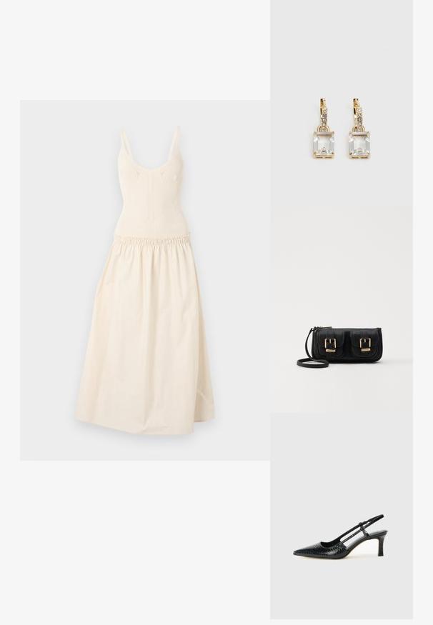 Rochie tricotată crem cu bretele ajustabile, corp mulat și talie gathered care se continuă cu o fustă evazată. Textură netedă, design minimalist.; Pantofi cu toc slingback negri din patent, cu vârf ascuțit, cu imprimeu de șarpe texturat, curea ajustabilă și toc scurt texturat.; Geantă neagră din piele, tip crossbody, cu două buzunare frontale, catarame aurii, închidere cu fermoar și o curea subțire. Suprafață texturată și formă rectangulară compactă.; Cercei aurii care prezintă un cristal clar, rectangular, suspendat sub un rând de accente mici, rotunde, clare. Design elegant și modern.