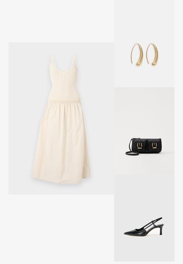 Kootud kreemjas kleit reguleeritavate rihmadega, keha lähedalt istuv kehaosa ning kogutud talje, mis viib laieneva seeliku juurde. Sile tekstuur, minimalistlik disain.; Mustmust paelad, millel on terav varvas, tekstuuriga maduprindiga, reguleeritav rihm ja lühike tekstuuriga plokknina.; Must küllastamata nahast õlakott, millel on kaks esist nähtavat taskut, kuldsed pandlad, tõmblukuga sulgemine ja peen rihm. Tekstuuriga pind ja kompaktne ristkülikukujuline kuju.; Kuldtoonilised metallist rõngas kõrvarõngad, millel on kõver ja piklik kuju. Omavad siledat, läikivat pinda ja ümarat tipptugevdust, mis lisab detaili.