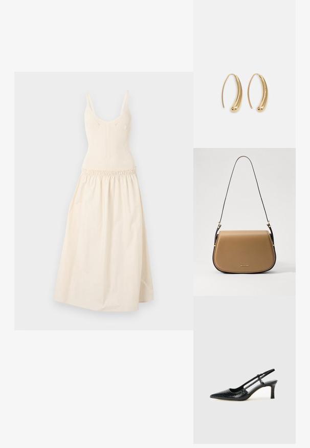 Strickkleid in Creme mit verstellbaren Trägern, figurbetontem Oberteil und geraffter Taille, die in einen ausgestellten Rock übergeht. Glatte Textur, minimalistisches Design.; Schwarze Lack-Slingback-Pumps mit spitzem Zehenbereich, versehen mit strukturiertem Schlangenprint, verstellbarem Riemen und einem kurzen, strukturierten Blockabsatz.; Helle Leder-Crossbody-Tasche mit einer geschwungenen Form, goldenen Hardware-Akzenten und einem schmalen dunklen Tragegurt. Glatte Textur mit Nähdetails.; Goldfarbene Metall-Hoops mit einer geschwungenen, länglichen Form. Sie verfügen über eine glatte, glänzende Oberfläche und eine abgerundete Spitze für zusätzliche Details.