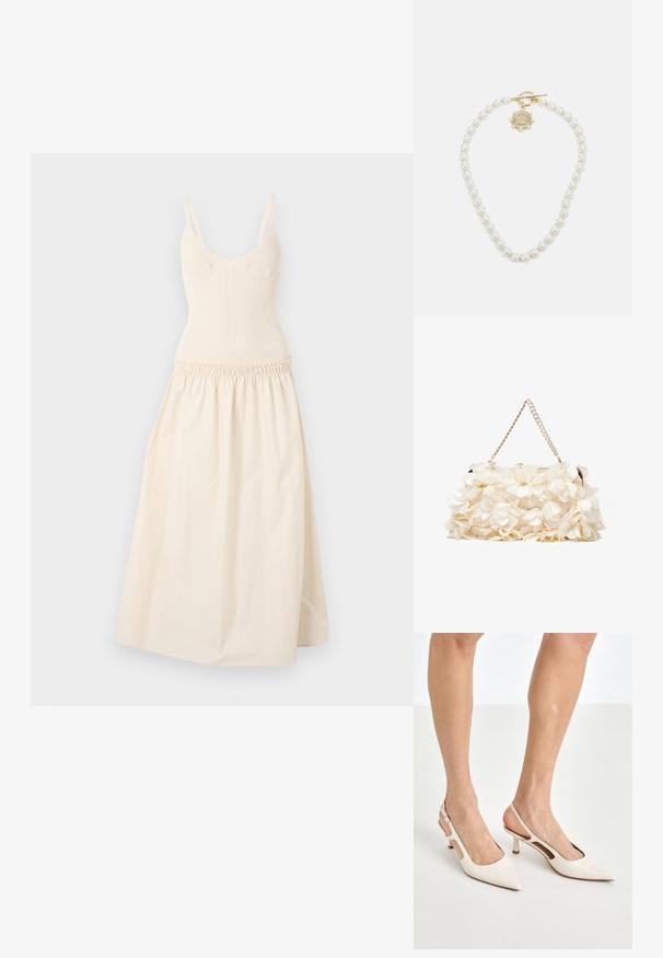 Pletena krema haljina s podešivim trakama, oblinama tijela i nabranim strukom koji vodi do raširene suknje. Glatka tekstura, minimalistički dizajn.; Bež cipele na petu od lakiranih koža s uskim vrhom i petom od 5 cm, s izrezanim stranama i tankim remenom oko gležnja.; Bijela cvjetna torba s nabranom površinom od tkanine, zlatnom lancem za nošenje i metalnim kopčanjem. Ima teksturirane latice kao dodatak detalju.; Lauren Ralph Lauren COLLAR - Ogrlica - gold-coloured/white