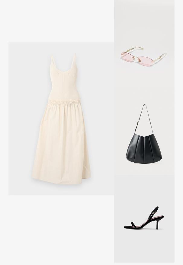 Strikket cremet kjole med justerbare stropper, tætsiddende overdel og samlet talje, der fører til en udvidet skørt. Glat tekstur, minimalistisk design.; Sorte ruskind højhælede sandaler til kvinder med slanke stropper og en guldbuckle på hvid baggrund, set fra siden.; Gucci Solbriller - gold-coloured/pink; Sort læder skuldertaske med plisseret design, glat tekstur, enkelt strop og en diskret guldhardware accent.