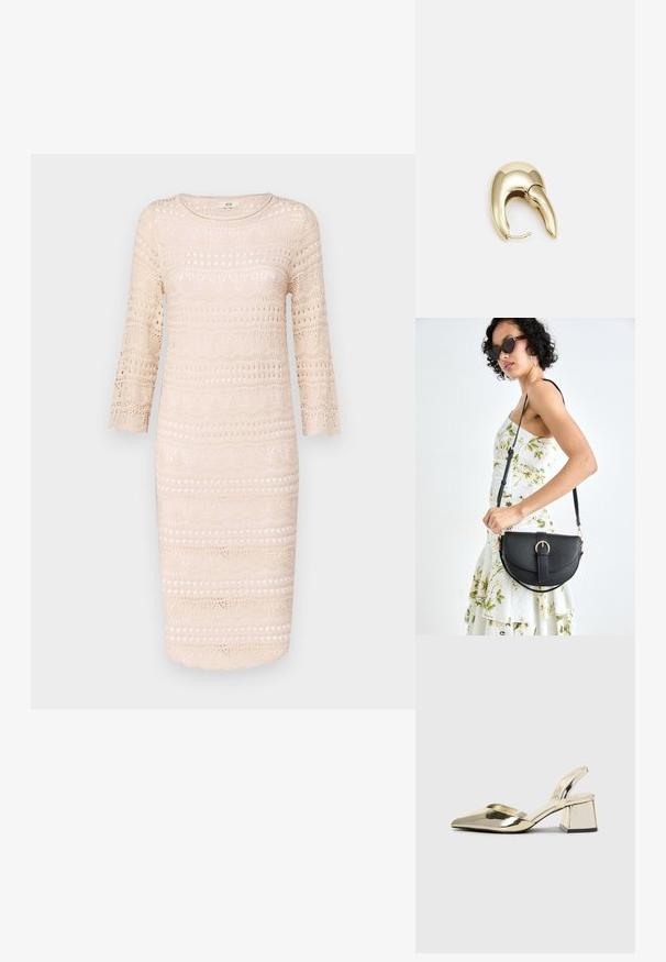 Beige virkattu mekko, jossa on kolmivartiset hihat, ja joka sisältää kuviollisen suunnittelun, leikattuja yksityiskohtia sekä hametta, jolla on aallotettu reuna.; Kultaiset, metalliset slingback-kengät, joissa on teräväkärkiset ja paksut korot. Sileä pinta, minimalistinen muotoilu ja kapea hihna.; Musta nahkainen käsilaukku, joka on kaareva muotoilultaan, irrotettavalla hihnalla ja kultaisilla yksityiskohdilla. Laukussa on läppä, jossa on solk yksityiskohta.; Kultahipuinen korvakoru, jossa on sulavalinjainen, kaareva muotoilu. Ominaisuuksiin kuuluu erottuva terävä muoto, kiillotettu pinta ja sarana kiinnitys.