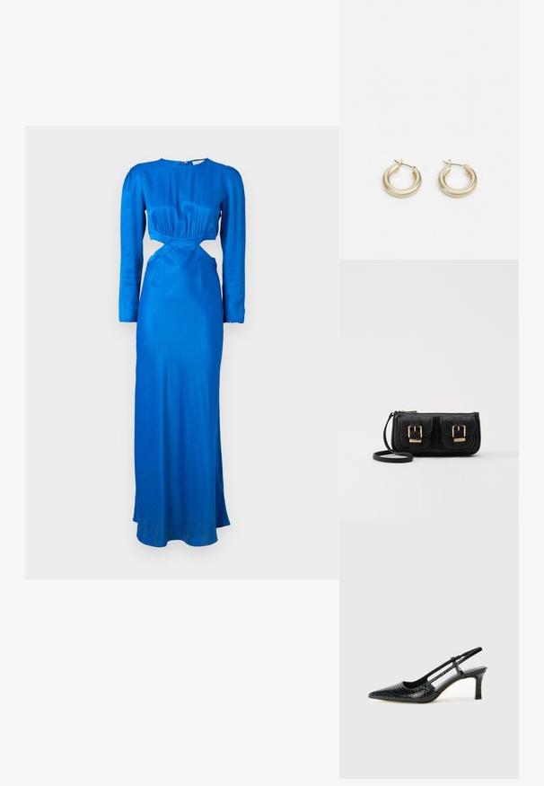 Langermet, lys blå kjole i glatt stoff. Har et utskjæringsdetalj i midjen og et figursydd liv med rynkede detaljer.; Sorte patent slingback hæl med spids tå, featuring tekstureret slangeskind, justerbar rem og en kort, tekstureret blokhæl.; Svart skinn crossbody veske med to frontlommer, gyldne spenner, glidelåslukking og en slank stropp. Teksturert overflate og kompakt rektangulær form.; Lauren Ralph Lauren BASIC SMALL HOOP - Øredobber - gold-coloured