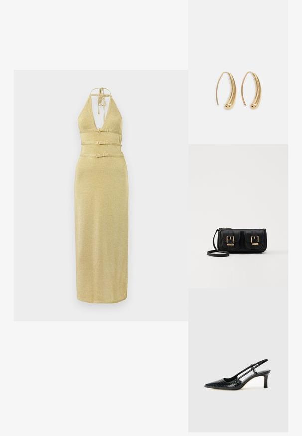 Gold halter neck dress with a deep V-neckline, belted waist, and straight silhouette. Made from a shimmering fabric with a smooth texture.; Black patent slingback heel with a pointed toe, featuring textured snake print, adjustable strap, and a short, textured block heel.; Black leather crossbody bag with two front pockets, gold buckles, zipper closure, and a slim strap. Textured surface and compact rectangular shape.; Gold-tone metal hoop earrings with a curved, elongated shape. Features a smooth, shiny surface and a rounded tip for added detail.