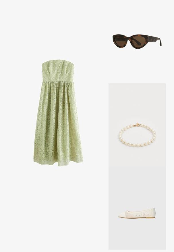 Next TALL - OCCASION BANDEAU - Ballkleid - sage green; Spitz zulaufende Ballerinas aus cremefarbenem Leder mit transparentem Obermaterial, verziert mit verstreuten Strasssteinen. Weiche Sohle für Komfort, minimalistische Gestaltung.; Schildpatt-farbene Cat-Eye-Sonnenbrille mit braunen Gläsern, ausgestattet mit glatten, glänzenden Kunststoffrahmen und einem eleganten Design. Keine sichtbaren Logos oder Akzente.; Perlenarmband mit runden, polierten Perlen in Weiß und einem goldfarbenen Verschluss. Glatte Oberfläche mit klassischem Design.