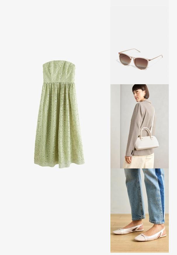 Next TALL - OCCASION BANDEAU - Oblačila za posebne priložnosti - sage green; Svijetloružičaste slingback balerinke s šiljastim nožnim prstima, napravljene od glatkog materijala nalik koži. Imaju izrezane detalje sa strane i ravne pete.; Rjavi gradient sončna očala s prozornim roza okvirjem, kvadratne oblike in tankimi kovinskimi ročaji. Imajo zaobljene robove in minimalne detajle.; Bela strukturirana torba z kratkimi ročaji in naramnim trakom, z zlatimi okrasnimi elementi in teksturiranim materialom, prikazana na sivi podlagi.