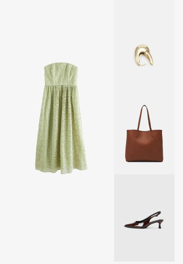 Next TALL - OCCASION BANDEAU - Galajurk - sage green; Bruine gepatineerde leren slingback-schoen met een spitse neus en een gematigd hakje. Voorzien van een gespsluiting voor een veilige pasvorm. Glad van textuur.; Bruine leren tote bag met een gladde textuur, een ontwerp met een open bovenkant en twee schouderbanden. Kenmerkt zich door minimale stiksels en geen zichtbare hardware.; Gouden metalen oorbel met een slank, gebogen ontwerp. Beschikt over een kenmerkende puntige vorm, gepolijste oppervlakte en scharnier sluiting.