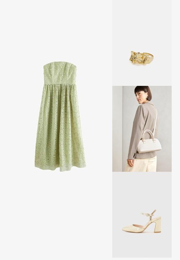 Next TALL - OCCASION BANDEAU - Vestido de fiesta - sage green; Zapato de tacón metálico dorado con puntera afilada, correa de tobillo con un cierre circular y un diseño de tacón ancho. Textura suave.; Bolso estructurado blanco con asas cortas y una correa para el hombro, que presenta detalles en dorado y material texturizado, exhibido sobre un fondo gris.; Anillo de oro con diseño texturizado y ondulado que presenta tres picos prominentes. Superficie lisa y brillante con una banda abierta para un ajuste ajustable.