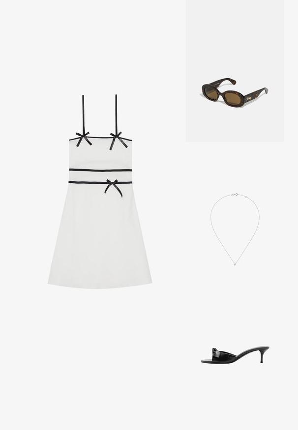 Vit ärmlös klänning med svarta ribbade detaljer vid axlarna och midjan. Slät textur, knä-längd, figurformad silhuett, subtilt ribbat mönster.; Svarta läder slip-on mule-skor med en rosettdekoration, öppen tå och en smal hög klack. Slät textur och minimalistisk design.; Sköldpaddsmönstrade solglasögon med ovala bågar, bruna tonade linser och "Chloé"-logotyp på skalmen. Slät plastmaterial med glänsande yta.; Live Diamond DIAMANT LAB GROWN - Halsband - weiß/gold-coloured
