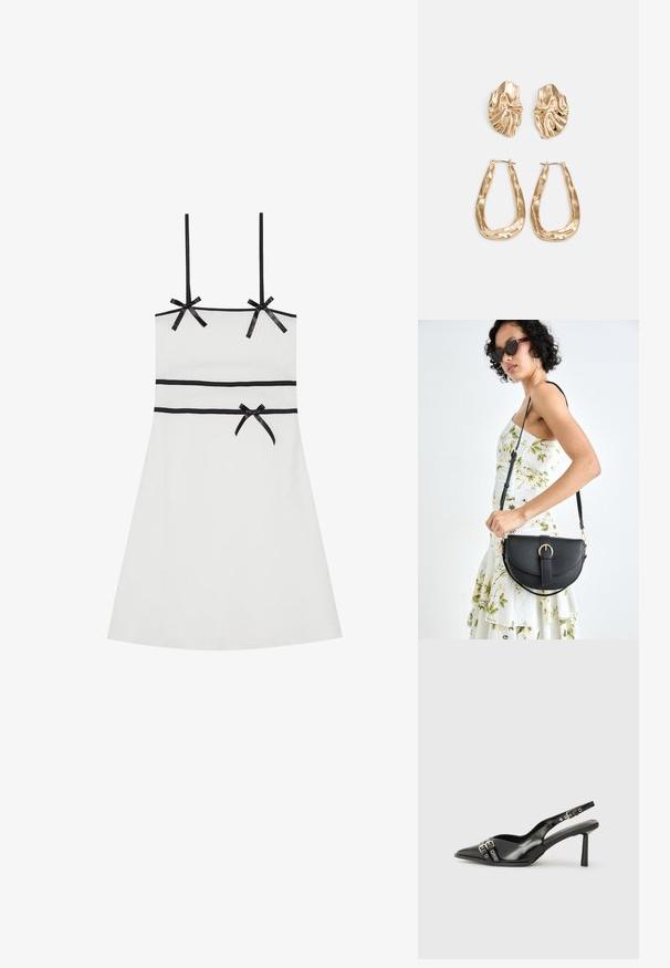 Weißes ärmelloses Kleid mit schwarzen Ripsbändern an den Schultern und der Taille. Glatte Textur, knielang, figurbetonter Schnitt, dezentes Rippdesign.; Schwarzer Lackleder Slingback-Schuh mit spitzem Zehenbereich, Knöchelriemen mit silbernen Schnallen und Beschlägen sowie einem schlanken Absatz.; Schwarze Lederhandtasche mit geschwungener Form, abnehmbarem Tragegurt und goldenen Beschlägen. Die Tasche verfügt über einen Deckel mit einer Schnallen-Details.; Ohrringe in Goldoptik mit strukturierten, gewellten Formen. Beinhaltet skulpturale Clip-Ohrringe und ein offenes Hoop-Design mit gehämmertem Finish.