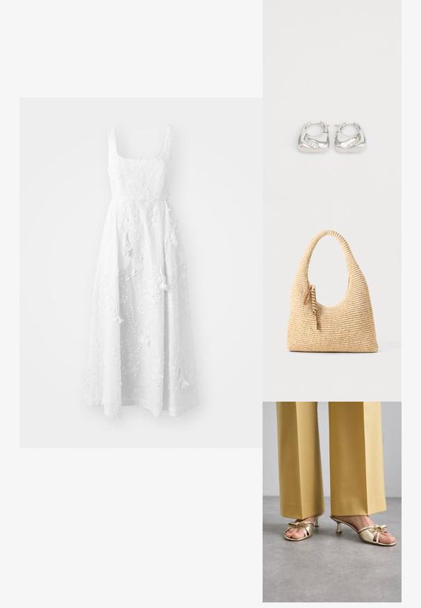 MUNTHE FRONIA - Rochie de zi - ivory; Stuart Weitzman FELICITY BOW SLIDE - Papuci înalți - platino; Geantă țesută bej cu un mâner curbat, suprafață texturată și un detaliu de franjuri maroniu. Prezintă o formă moale, de tip hobo.; Cercei din argint cu un design neted și rotund, având un accent ondulat cu mici cristale transparente pe o margine.