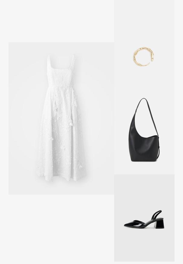 MUNTHE FRONIA - Freizeitkleid - ivory; Schwarze Lackleder-Slingback-High Heels mit spitzem Schuh und einem geometrischen Blockabsatz. Verfügt über ein schlankes, minimalistisches Design und eine glatte Textur.; Schwarze Leder-Hobo-Tasche mit einer glatten Textur, geschwungener Form und einem einzelnen verstellbaren Tragegurt; verfügt über eine weite Öffnung am oberen Ende.; Goldfarbener Ring mit einem organischen, gedrehten Design, glatter Oberfläche und sich verjüngenden Enden, was ein modernes, skulpturales Erscheinungsbild erzeugt.