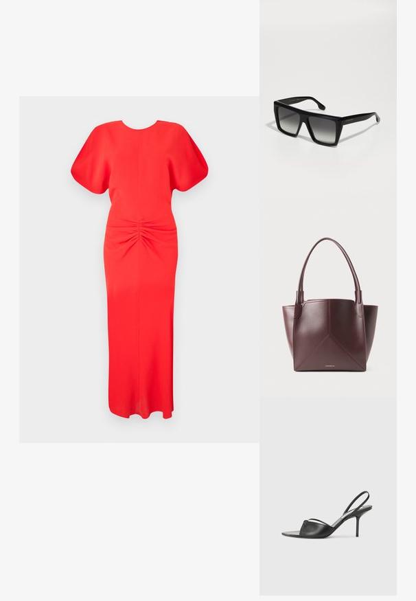 Piros midi ruha rövid puffos ujjakkal, kerek nyakkivágással és redőzött részlettel a deréknál. Simasága és karcsú sziluettje kiemeli a nőies vonásokat.; Fekete bőr, hátsó pántos, hegyes orrú magassarkú cipők vékony bokapánttal és stiletto sarkukkal. Az orrban csomózott részlet található.; Fekete, oversized, négyzet alakú napszemüveg gradient lencsékkel, vastag kerettel és arany branddel a szárakon. Simább műanyag anyag.; Sötétbarna bőr tote táska, két füllel és geometrikus panel varrással, az alján, középen elhelyezett, kis arany logóval.