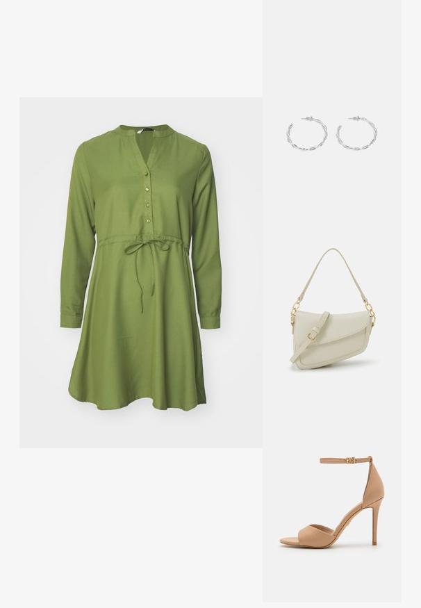 Zelené šaty s dlhým rukávom, výstrihom do V, zapínaním na gombíky, priliehavým pásom a rozšírenou sukňou. Hladká látka a jednoduchý dizajn.; ALDO CRERIDE PILLOW WALK - Sandále - beige; Malá krémová kabelka s textúrovaným povrchom, dlhým nastaviteľným popruhom, reťazovým detailom a klopovým uzáverom. Zlaté kovové prvky.; Strieborné kruhové náušnice s prúteným dizajnom, s lešteným povrchom a zapínaním na kolíček. Majú priemer približne 3 cm.
