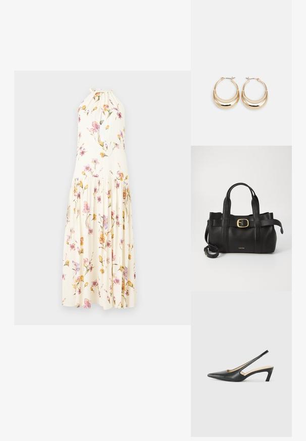 Maxi šaty z krémové látky s květinovým potiskem, který obsahuje růžové a žluté květy, s krkem na zavazování a skládací sukní.; Černý špičatý slingback s nízkým podpatkem, vyrobený z hladké kůže, s výřezem na boku pro lepší prodyšnost.; Černá kožená kabelka s upraveným designem, dvojitými vrchními madly, pozlaceným přezkovým akcentem a vyraženým logem značky na přední straně.; Náušnice ve tvaru kroužku zlaté barvy s půlměsícovým tvarem, lesklým povrchem a závěrečným uzávěrem. Hladká textura a reflexní povrch zvyšují viditelnost.