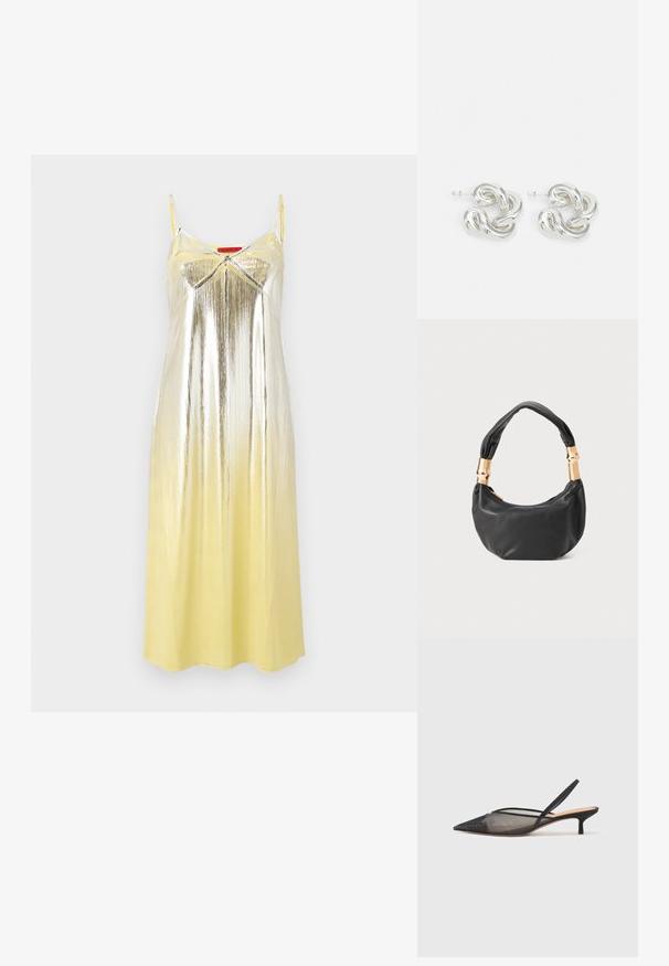 MAX&Co. BRIGHTON - Kokteilinė suknelė / vakarėlių suknelė - yellow; NEOUS IRENA - Klasikiniai aukštakulniai - black; Juodas odinis rankinukas apvalios formos, minkštos tekstūros su susietu rankena ir auksinės spalvos detalėmis. Užtrauktuko uždarymas.; Sidabriniai auskarai, turintys susuktos grandinėlės dizainą, lygus paviršius su atspindinčiu apdaila, pritvirtinti su užsegimu.