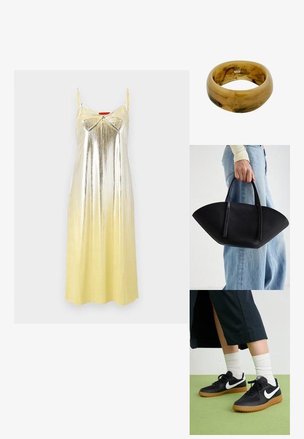MAX&Co. BRIGHTON - Koktejlové šaty / šaty na párty - yellow; Černé kožené a syntetické tenisky s bílým logem Nike, gumovou podrážkou, kulatou špičkou a černými tkaničkami. Viditelné žebrované bílé ponožky.; Černá kožená kabelka s jedinečným tvarováním ve tvaru vějíře, vybavená plochými uchy. Povrch má jemně zrnitou texturu a minimalistický design.; Průhledný hnědý pryskyřicový náramek s hladkým, zaobleným povrchem a jemnými mramorovými vzory; na vnitřní straně má malou značkovou etiketu.