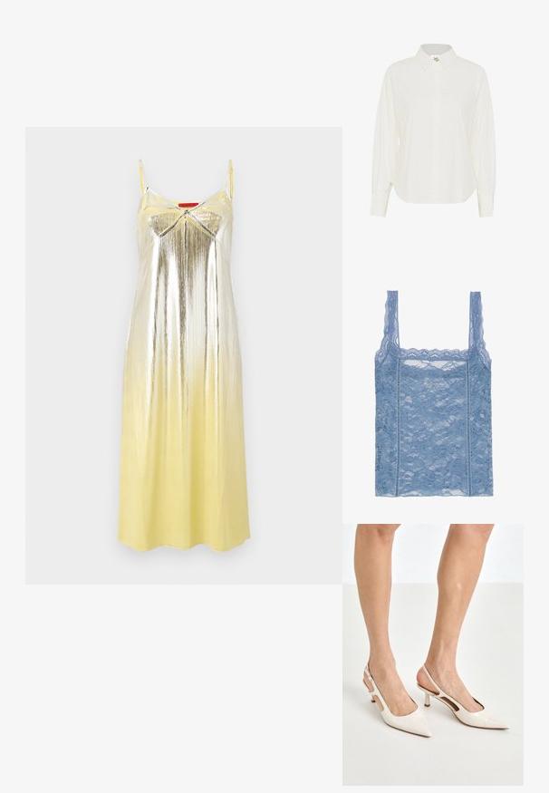 MAX&Co. BRIGHTON - Juhlamekko - yellow; Vaaleansininen pitsitoppi ohuilla olkaimilla, jossa on lain suojaava pitsireunus ja kukkakuvio, suunniteltu pysymään istuvana siluettina.; Valkoinen nappikauluspaita, jossa on klassinen kaulus, pitkät hihat ja rento leikkaus. Valmistettu kevyestä kankaasta, jossa on sileä pinta.; Beige patenttaja nahkaslingback-korkokengät, joissa on teräväkärkinen muotoilu ja 5 cm:n korko. Kenkäparissa on leikattuja reunoja ja ohut nilkkaremmi.