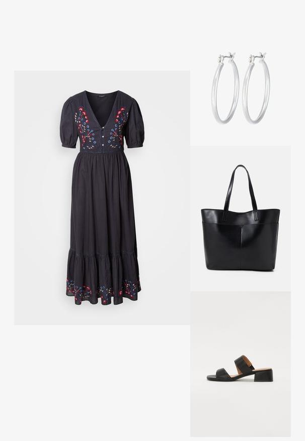 Robe maxi noire avec des manches courtes évasées, décolleté en V profond, ornée de broderies florales colorées sur le buste et l'ourlet. Tissu doux et fluide.; Sandale en cuir noir avec deux larges bandes traversant le pied, un bout carré et un petit talon carré. Texture lisse et design minimal.; Sac fourre-tout en cuir noir avec deux longues poignées, une texture lisse et une forme structurée. Dispose d'une poche avant pour un rangement supplémentaire.; Boucles d'oreilles en argent avec une finition lisse et polie. Forme ronde et fermeture à clip sécurisée. Design léger adapté pour un port quotidien.
