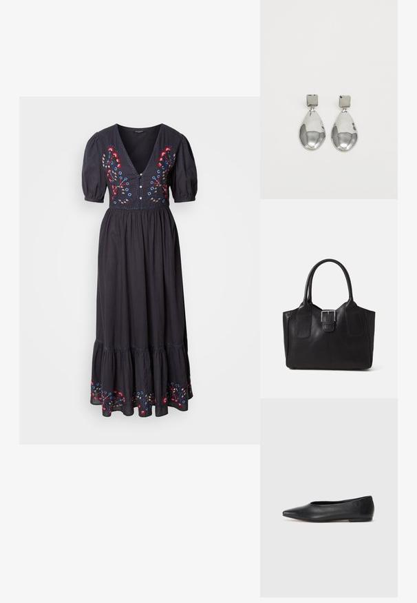 Rochie maxi neagră cu mâneci bufante scurte, decolteu adânc în V, având broderie florală colorată pe bodice și la tiv. Material moale, fluid.; Balerini din piele neagră, vârf ascuțit, design minimalist, textură netedă, toc de mică înălțime, fără hardware sau embellishments vizibile.; Geantă tote din piele neagră cu textură netedă, formă structurată, două mânere și un detaliu proeminent din aliaj de argint pe partea din față.; Cercei din argint cu stud pătrat, având un finisaj neted și lustruit, într-o formă de lacrimă, care reflectă lumina cu o suprafață lucioasă.