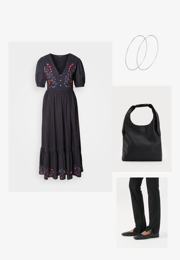 Robe maxi noire avec des manches courtes évasées, décolleté en V profond, ornée de broderies florales colorées sur le buste et l'ourlet. Tissu doux et fluide.; Ballerines en cuir noire avec un bout pointu, sangle avec boucle en argent, associées à un pantalon noir sur mesure avec un ourlet fendu.; Sac hobo en cuir noir avec une seule poignée ronde et douce ; présente une texture lisse et un design minimaliste. Pas de matériel ou d'accents visibles.; Boucles d'oreilles en argent au design minimaliste. Forme circulaire, texture lisse et profil fin. Légères avec une finition polie.