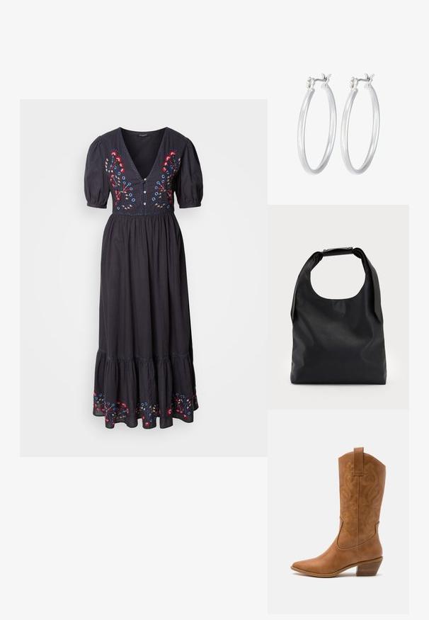 Černé maxi šaty s krátkými nabíranými rukávy, hlubokým V-výstřihem a barevnou květinovou výšivkou na živůtku a lemu. Měkká, splývavá tkanina.; Hnědé kožené kovbojské boty s špičatou špičkou, vyšívanými spirálovými vzory na štítech a s blokovým podpatkem. Obsahují poutko pro snadné obouvání.; Černá kožená kabelka s velkým otevřeným vrchem a jedním ramenním popruhem. Měkká textura, minimalistický design, s jemnými kovovými detaily.; Stříbrné kruhové náušnice s hladkým, lesklým povrchem. Kulatý tvar a bezpečné zapínání na klip. Lehký design vhodný pro každodenní nošení.