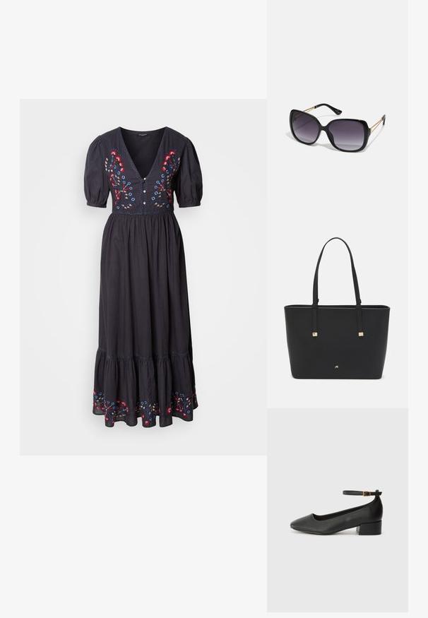 Maxi abito nero con maniche corte a sbuffo, scollatura a V profonda, caratterizzato da ricami floreali colorati sul corpetto e sull'orlo. Tessuto morbido e fluido.; Pump in pelle nera con punta affusolata e tacco basso a blocco. Presenta una cinghia alla caviglia con una fibbia in tonalità oro. Texture liscia.; Occhiali da sole neri oversize con lenti sfumate, montatura spessa e dettagli in catena dorata sulle astine.; Borsa a tracolla nera in materiale sintetico, con un design rettangolare semplice, dettagli quadri dorati e doppi manici.