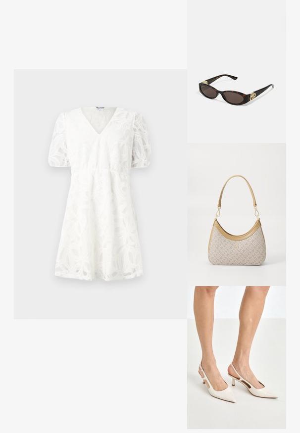 Weißes Kleid mit V-Ausschnitt, puffartigen Ärmeln und filigranen floralen Spitzenverzierungen. Der elastische Bund und der ausgestellte Rock betonen die leichte Textur.; Beige Lackleder Slingback-Absätze mit spitzem Fuß und 5 cm Absatz, mit ausgeschnittenen Seiten und einem schmalen Knöchelriemen.; Schildpatt-Sonnenbrille mit länglich-ovalen Gläsern, braunem Farbton, goldenen Logo-Akzenten an den Bügeln und schlanken schwarzen Bügeln.; Beige gemusterte Handtasche mit geschwungener Form, Lederakzenten und einem goldfarbenen Logo auf der Vorderseite. Verfügt über einen kurzen Griff für einfaches Tragen.