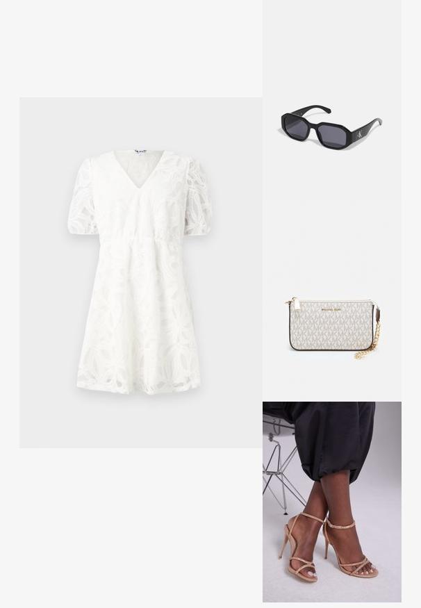 Bílé šaty s výstřihem do V, nabíranými rukávy a komplikovanými květinovými krajkovými detaily. Elastický pás a rozšířená sukně zdůrazňují jejich lehkou strukturu.; Béžové sandály na podpatku s krystalovými ozdobami, otevřenou špičkou, tenkými pásky a elegantním siluetou.; Černé sluneční brýle s osmistěnným rámem, tmavými skly, lesklým plastovým materiálem a stříbrným logem na jedné straně.; Kabelka na zápěstí Michael Kors v béžové potažené plátno s opakujícím se vzorem loga MK, zlatými kovovými doplňky a odnímatelným řetízkovým popruhem.; Zlaté kovové náušnice s vlnitým designem; hladký, lesklý povrch; asymetrický tvar; žádné viditelné vzory nebo hardware.
