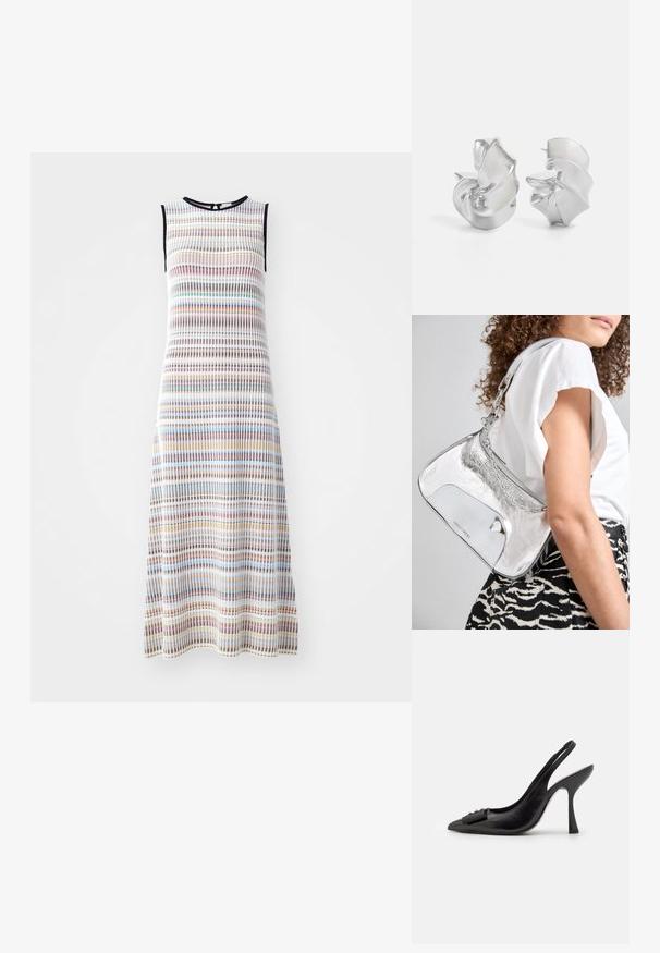 Bešvarkis, midi ilgio suknele, pagaminta iš tekstūruoto audinio, su horizontaliomis juostelėmis įvairiomis spalvomis, įskaitant mėlyną, raudoną ir geltoną, su juodu apvadu.; Juoda odinė slingback tipo avalynė su smailiu pirštu, siauru aukštu kulnu ir dekoratyvine kaspino akcentu. Lygi tekstūra ir elegantiškas dizainas.; Sidabro spalvos metalinė peties kuprinė su lygiu paviršiumi, išlenkta forma, grandinėlės rankena ir blizgiu priekiu, kuriame subtiliai išgraviruotas logotipas.; Sidabriniai auskarai su tekamu, spiraliniu dizainu. Lygus paviršius su blizgiu apdaila. Yra švelni blizgesys ir jokie matomi papuošimai.