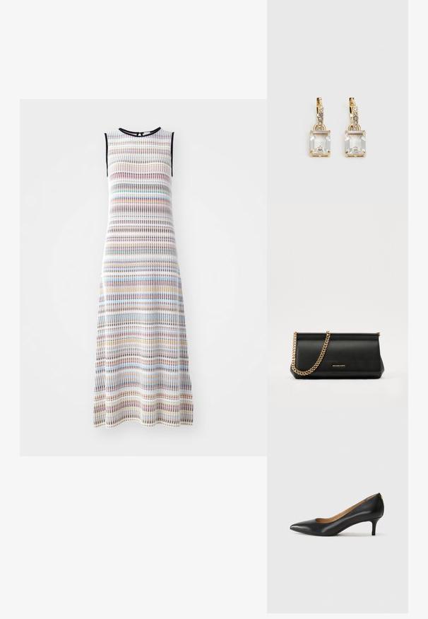 Sleeveless midi dress made of textured fabric featuring horizontal stripes in various colors including blue, red, and yellow with black trim.; Black leather pump with a pointed toe, low heel, and a smooth texture. Features a slight opening at the front and minimal hardware at the back.; Black leather clutch bag with a gold chain strap, featuring a smooth texture, rectangular shape, and embossed branding on the front.; Gold-tone earrings featuring a rectangular, clear crystal dangling below a row of small, round clear accents. Sleek, modern design.