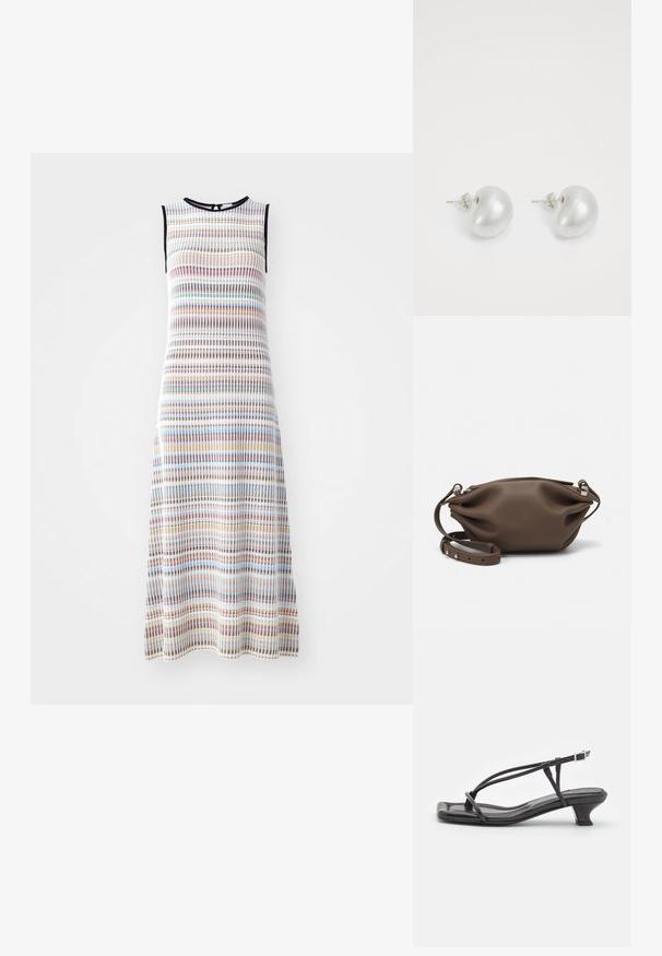 Vientuļš midi kleita no teksturētas auduma, kas raksturota ar horizontālām svītrām dažādās krāsās, tostarp zilā, sarkanā un dzeltenā, ar melnu apdari.; Melnas ādas sandales ar plānām siksniņām, zemu blokveida papēdi un kvadrātveida deguniem. Ar sprādzi un gludu tekstūru.; Brūnas ādas rokassoma ar mīkstu, strukturētu dizainu, aprīkota ar augšējo rāvējslēdzēju un regulējamu siksnu ar sudraba krāsas aksesuāriem.; Sudraba pērļu auskari ar izliekta, pupiņas formas dizainu. Gluda, spīdīga virsma un nostiprināti ar tapu un aizmugures aizdari.