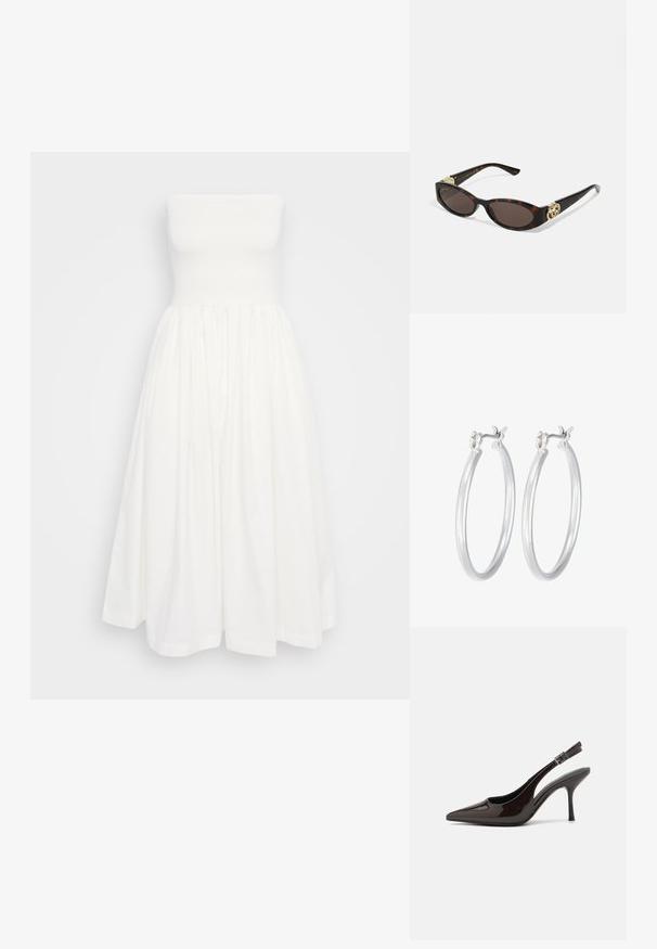 Biela špagetová šatka v A-línii s priliehavým korzetom, nabrúsenou sukňou a hladkou bavlnenou textúrou. Žiadne viditeľné vzory ani ozdoby.; Slingback vysoké opätky v lesklej tmavohnedej lakovej koži, so špicatou špičkou, otvorenými stranami a nastaviteľným remienkom na členku.; Slnkové okuliare v korytnačkovom dizajne s predĺženými oválnymi šošovkami, hnedým tónovaním, zlatými logovými akcentmi na spánkoch a elegantnými čiernymi ramenami.; Strieborné kruhové náušnice s hladkým, lesklým povrchom. Kolový tvar a bezpečné klikanie na uzatváranie. Ľahký dizajn vhodný na každodenné nosenie.