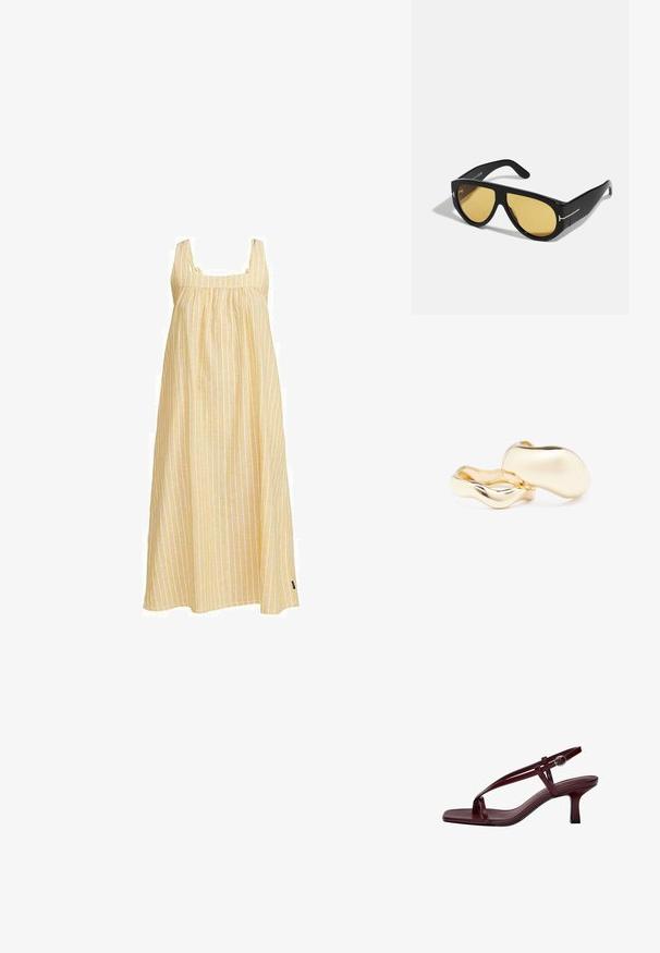 Žluté pruhované bezramínkové šaty se čtvercovým výstřihem, volným střihem, nařaseným tělem a lehkým materiálem.; Burgundské sandály na vysokém podpatku se čtveratou špičkou, štíhlými pásky a přezkou kolem kotníku. Hladká kožená textura a štíhlý blokový podpatek.; Černé sluneční brýle s geometrickým rámem, žlutými skly a zlatými akcenty na stranicích. Hladká textura, široký tvar, moderní design.; Náušnice zlaté barvy s organickým, fazolovitým tvarem a hladkým, lesklým povrchem; mají minimalistický design bez viditelného kování.