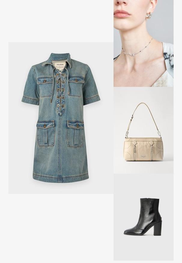 Svetlomodré denimové šaty s golierom, krátkymi rukávmi, šnurovaním vpredu a dvomi náprsníkmi. Obsahujú detaily šitia a zlaté kovanie.; Čierna kožená kotníková obuv s hladkým povrchom, špicatou špičkou a masívnym vysokým podpätkom. Zdobená bočným otvorom a minimalistickým dizajnom.; Bežová kožená kabelka so striebornými kovaniami, dvoma bočnými zipsami, štruktúrovaným dizajnom a odnímateľným popruhom pre všestrannosť.; Strieborný náhrdelník s jemným reťazovým uzáverom, ktorý má geometrické akcenty a malý dekoratívny prvok v strede. Viditeľná hladká textúra pleti.