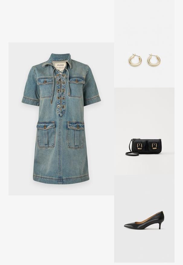 Denim jurk in lichtblauw met een kraag, korte mouwen, vetersluiting aan de voorkant en twee borstzakken. Bevat stikseldetails en gouden hardware.; Zwarte leren pump met een puntige teen, lage hak en een gladde textuur. Heeft een lichte opening aan de voorkant en minimale hardware aan de achterkant.; Zwarte leren schoudertas met twee vo pockets, gouden gespen, ritsluiting en een smalle band. Tekstuur oppervlak en compacte rechthoekige vorm.; Lauren Ralph Lauren BASIC SMALL HOOP - Oorbellen - gold-coloured
