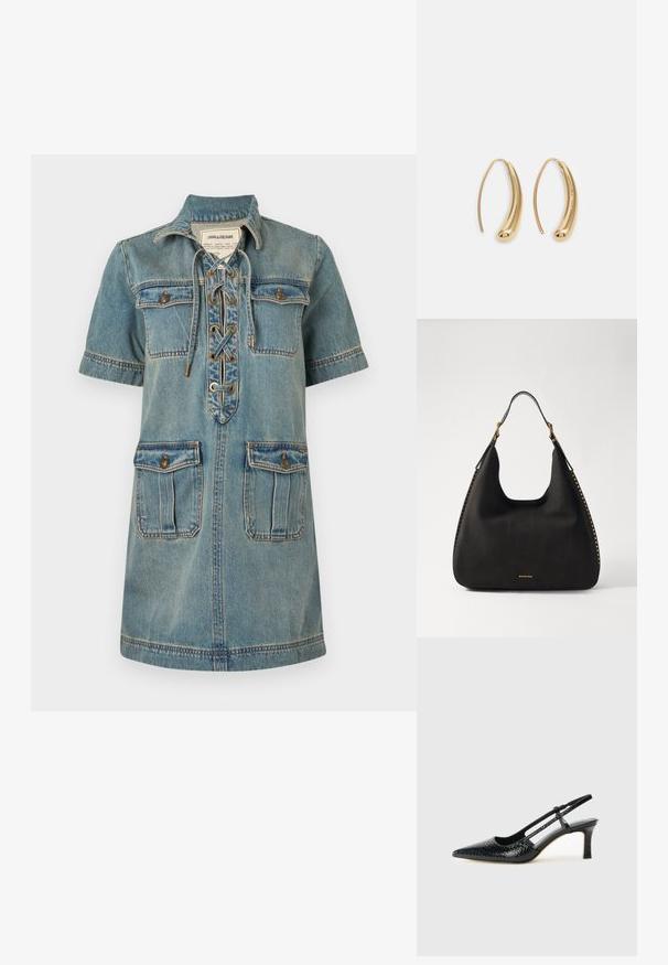 Gaiši zils džinsu kleita ar apkakli, īsām piedurknēm, saistīšanas priekšpusi un divām krūšu kabatām. Iezīmēta ar izšuvuma detaļām un zelta aksesuāriem.; Melna patent āda ar slīdošo papēdi un smailo purngalu, ar teksturētu čūsku drukājumu, regulējamu siksniņu un īsu teksturētu blokpapēdi.; MICHAEL Michael Kors NOLITA HOBO  - Rokassoma - black; Zelta toņu metāla gredzena auskari ar izliektu, pagarinātu formu. Ar gludu, spīdīgu virsma un noapaļotu galu papildu detaļām.