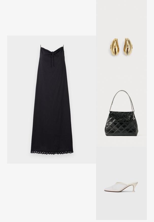 Musta ilmanhihaisella mekolla, jossa on rutistettu kaula-aukko ja solmityksellä; mekkoon kuuluu pitsireunus helmassa, ja se on valmistettu kevyestä kankaasta.; Valkoinen verkkokangas teräväkärkinen mulu, jossa on ohut keskipituinen korko ja liukupohjainen muotoilu yksinkertaista taustaa vasten.; Musta tikattu nahkalaukku, jossa hopeinen ketjuvannettava, rakenteellinen muotoilu ja sileä pinta.; Korvatekniikalla muotoillut kultasävytteiset korvakorut. Jokaisessa korvakorussa on sileäpintainen pinta ja pieni lukko, jossa on koristeellinen yksityiskohta.