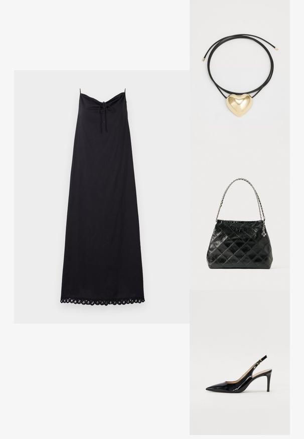 Černé bezramínkové šaty se sbíraným výstřihem a detailem na zavazování; mají krajkový lem na spodním okraji a jsou vyrobené z lehkého materiálu.; Černé lakované slingback lodičky s špičatou špičkou, úzkým podpatkem a jemným výřezem. Obsahují zlatou sponu na řemínku.; Černá prošívaná kožená kabelka se stříbrným řetízkovým uchytem, s výrazným tvarem a hladkou texturou.; Černý pletený náhrdelník s leštěným zlatým přívěskem ve tvaru srdce s hladkými křivkami a lesklým povrchem.