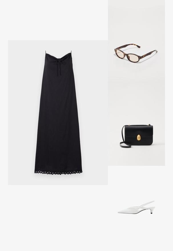 Čierne šaty bez rukávov so zhrnutým výstrihom a detailom na viazanie; majú čipkovaný lem na spodnej časti a sú vyrobené z ľahkej tkaniny.; Biele slingback podpätky s špicatou špičkou, s hladkým zvrškom, jemnými výrezmi a nízkym blokovým podpätkom. Čierna podrážka zvýrazňuje dizajn.; Kocúrkové slnečné okuliare s guľatým tvarom a svetlými sklami. Majú robustné ramená s malými zlatými akcentmi, vyrobené z plastového materiálu.; Čierna kožená kabelka so štruktúrovaným obdĺžnikovým tvarom. Obsahuje zlaté oválne zapínanie a tenký ramenný popruh. Hladká textura.