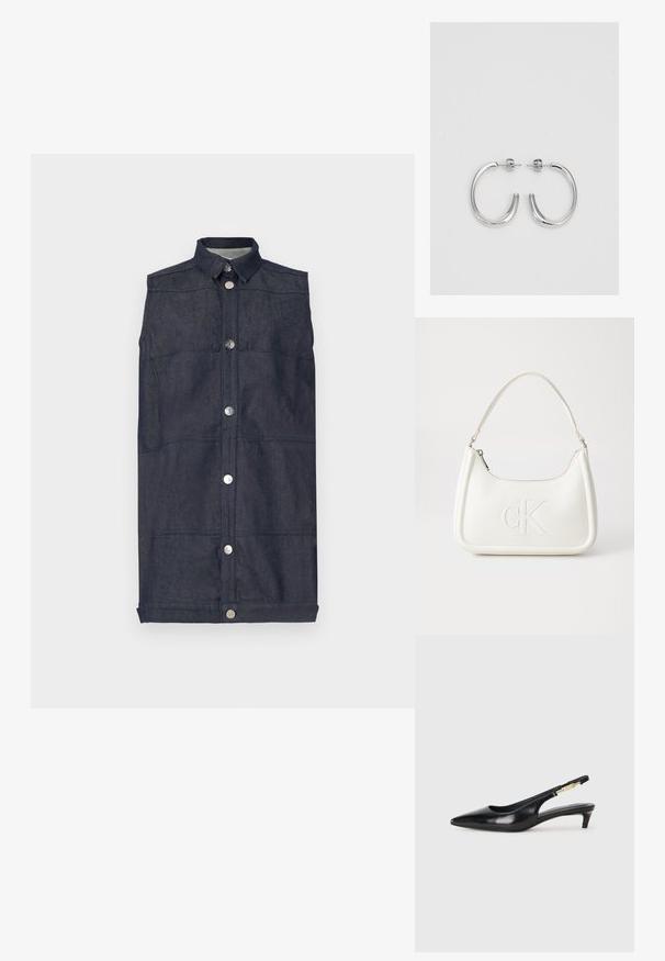 Tumši zila džinsu veste ar apkakli, priekšējo pogu aizdari un plakaniem kabatām. Gluda tekstūra ar redzamām šuvju rakstiem.; Melnas ādas slingback zābaki ar smailu purngalu, ar šauru papēdi un zelta krāsas akcentu uz regulējama siksniņas. Gluda tekstūra.; Balta ādas rokassoma ar noapaļotu formu, uz kuras priekšpuses ir izgriezts "CK" logo un viena plecu siksna. Augšā aizverama ar rāvējslēdzēju.; Sudraba stīpas auskari ar gludu, spīdīgu virsmu, izceļas ar izliektaveida formu un aizdari ar tapu. Minimālistisks dizains ar mūsdienīgu apdari.
