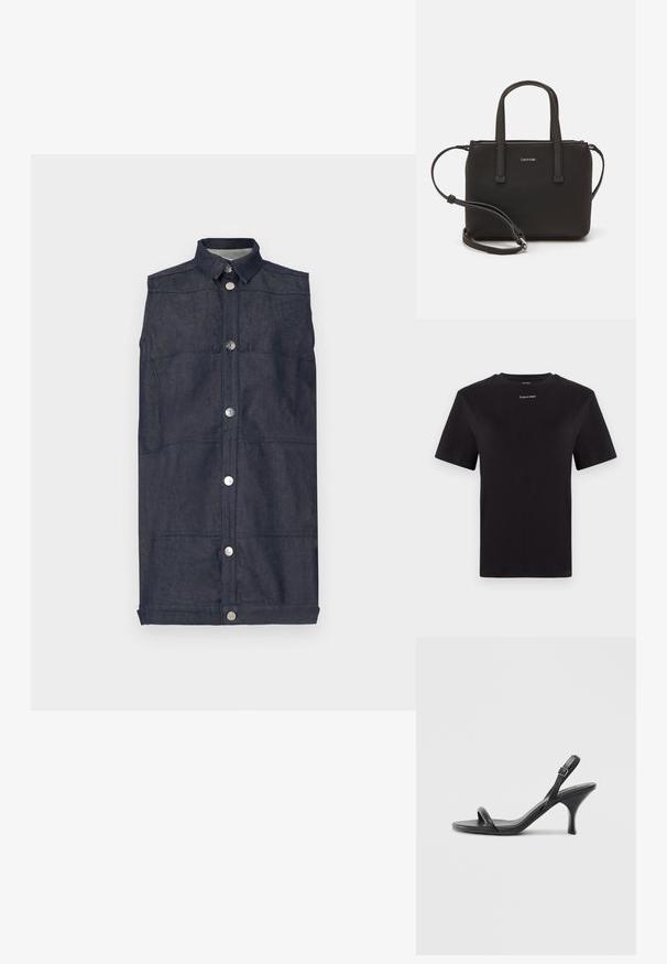 Tumši zila džinsu veste ar apkakli, priekšējo pogu aizdari un plakaniem kabatām. Gluda tekstūra ar redzamām šuvju rakstiem.; Melna kokvilnas T-kreklu ar īsām piedurknēm, apaļu kakla izgriezumu un nelielu baltu "Calvin Klein" logotipu krūtīs. Gluda tekstūra, klasiskā piegriezuma.; Melnas ādas augstpapēžu sandales ar plānu, izliekta formas papēdi un krustenisku siksnu dizainu. Regulējama potītes siksna. Gluda tekstūra.; Melns roku soma ar divām īsām rokturiem un noņemamu plecu siksnu. Gluda ādas līdzīga materiāla ar rāvējslēdzēja aizdari un logos detaļu.