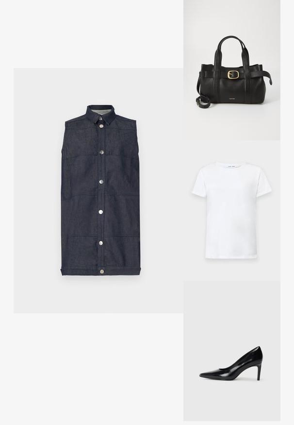 Denimvest i mørkeblå, med krage, frontlukking med knapper og flate lommer. Kjempebehagelig tekstur med synlige sømmer.; Hvit kortermet t-skjorte laget av bomull med rund hals-design. Glatt tekstur og rett snitt, uten mønstre eller detaljer.; Sorte skinnhøye hæler med spiss tå, glatt tekstur og avsmalnet hæl. Minimalistisk design, ingen ekstra dekorasjoner.; Svart lærveske med en strukturert design, doble topphåndtak, gullfarget spenneakent og preget merke-logo foran.