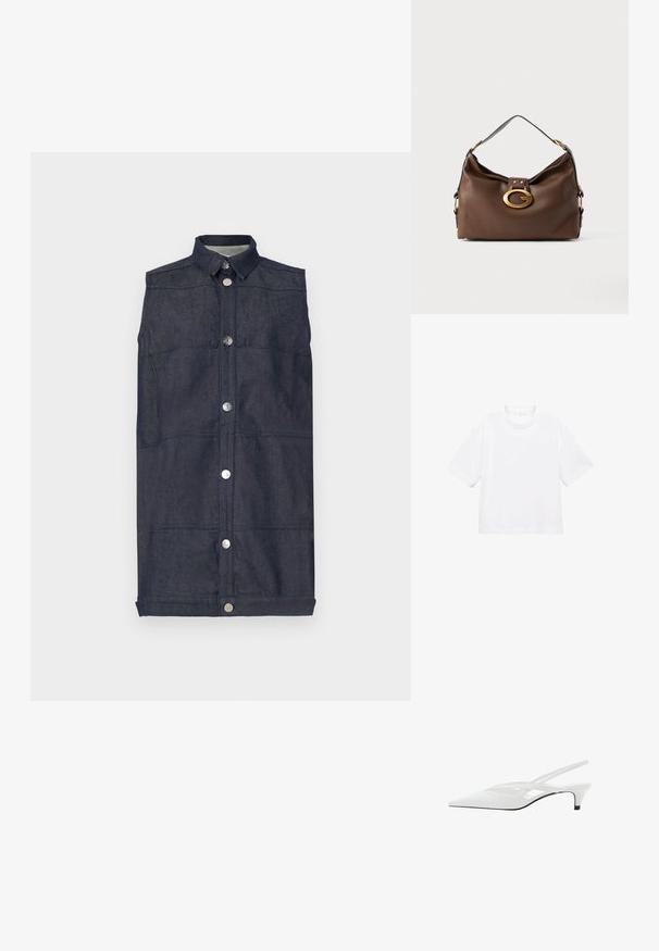 Denim gilet in donkerblauw, met een kraag, knoopsluiting aan de voorkant en platte zakken. Soepele textuur met zichtbare stiksels.; Witte katoenen t-shirt met korte mouwen en een ronde hals. Eenvoudig ontwerp, losse pasvorm, gladde textuur. Geen patronen of accenten zichtbaar.; Witte slingback hak met spitse neus, voorzien van een gladde bovenkant, subtiele uitsparingen en een lage blokhak. Zwarte zool accentueert het ontwerp.; Bruine leren handtas met een textuurafwerking, voorzien van een gouden sluiting en een enkele, gebogen schouderriem.