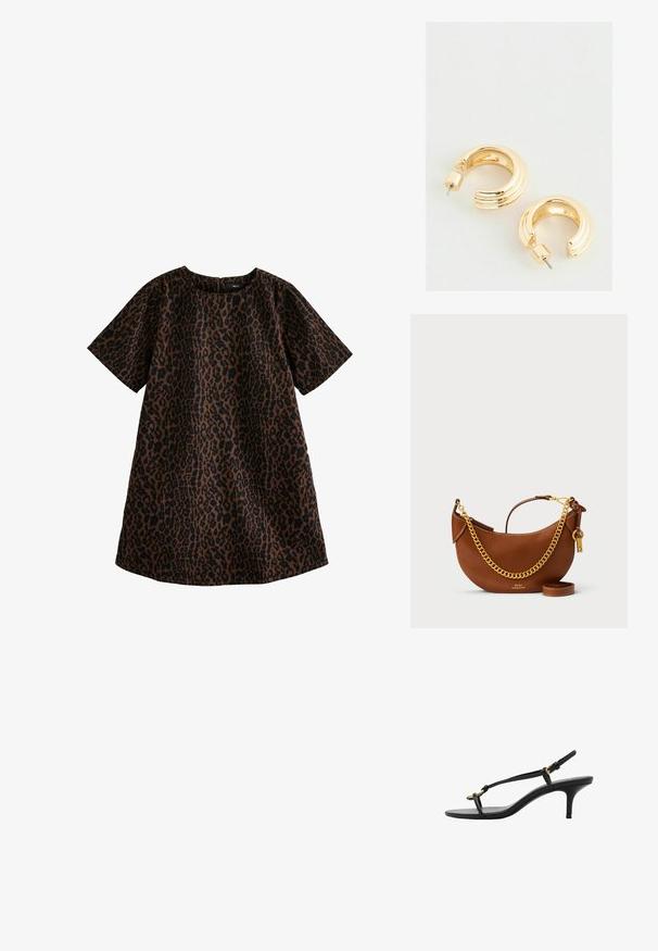 Šaty s leopardím vzorom v hnedej a čiernej farbe. Krátke rukávy, okrúhly výstrih, voľný strih, dĺžka po kolená, bavlnený materiál s hladkou textúrou.; Čierne kožené sandále na malom podpätku s tenkými pásikmi, zlatou prackou a minimalistickým prstovým pásikom na bielom pozadí.; Hnedá kožená kabelka s zakriveným dizajnom, zlatým reťazovým popruhom, vnútornou kapsou a odnímateľným ramenným popruhom. Obsahuje kontrastné švy.; Náušnice zlatého tónu v tvare kruhu s lesklým povrchom, ktoré majú vyžaduje vzor a uzatváranie na zadnej strane. Okatý, robustný tvar.